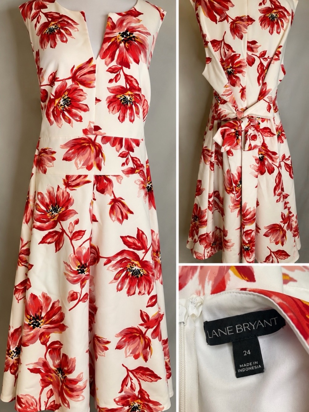 Lane Bryant Cream Midi Dress with Red Floral Print